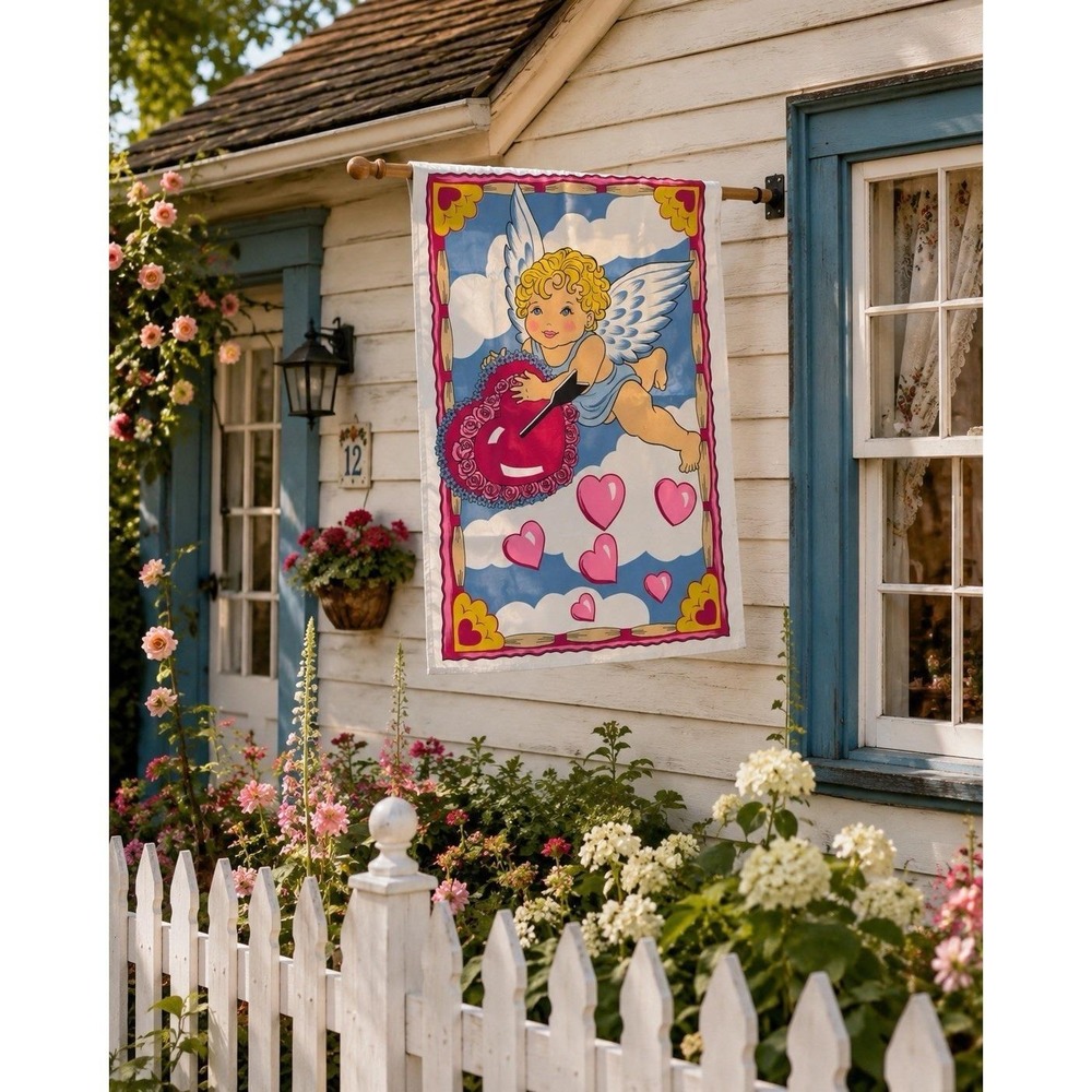 VTG Cute‎ Cupid Valentine's Day Flag Yard Outdoor Pole Hanging Decor 28"x40"